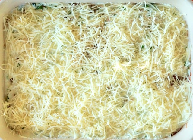 Baking dish with a layer of finely grated white cheese.