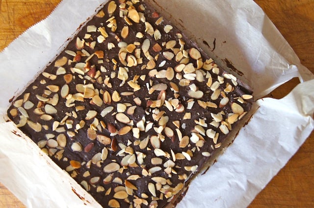 One big square of chocolate nougat before it's cut.