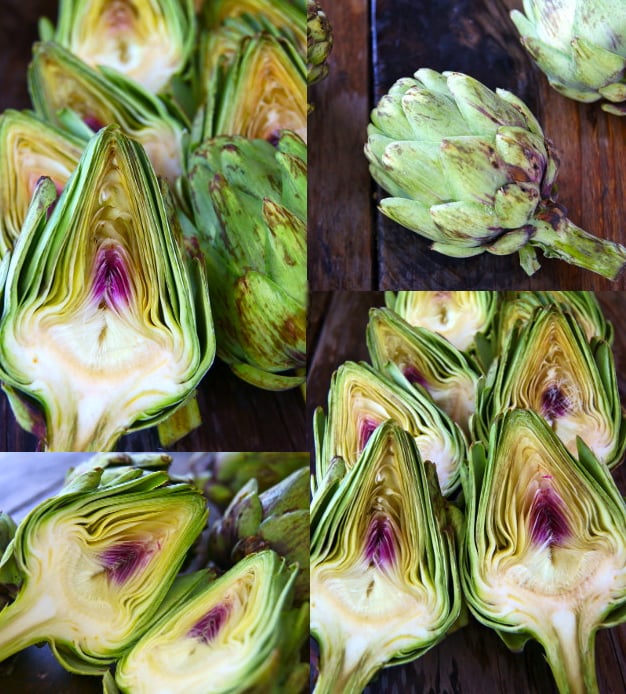 center cuts of artichokes with green and purple on wood surface