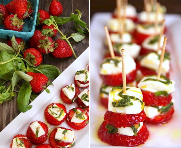 Strawberry Caprese on toothpicks on white plates