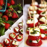 Lemon-Basil Strawberry Caprese with toothpicks on a narrow white plate with fresh berries in background.