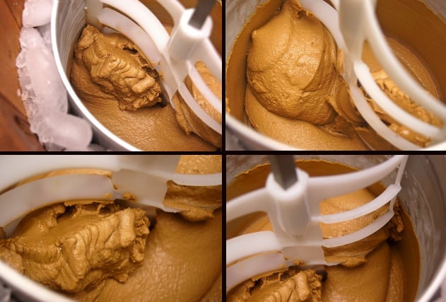 Grid of 4 images of Kahlua Espresso Gelato in ice cream maker.