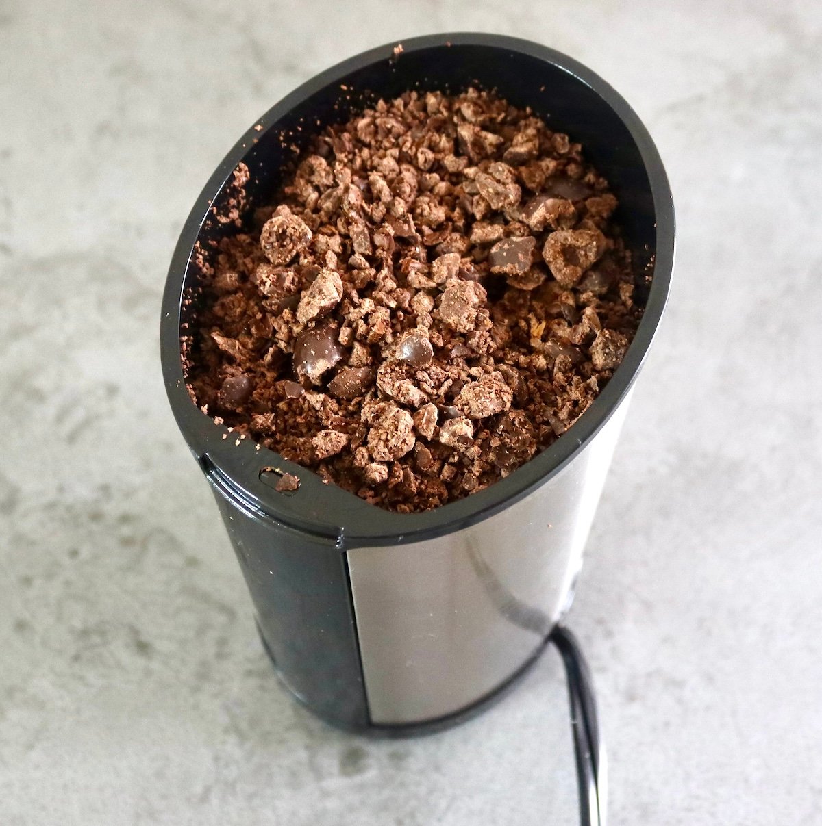 Roughly ground chocolate covered espresso beans in a spice/coffee grinder.