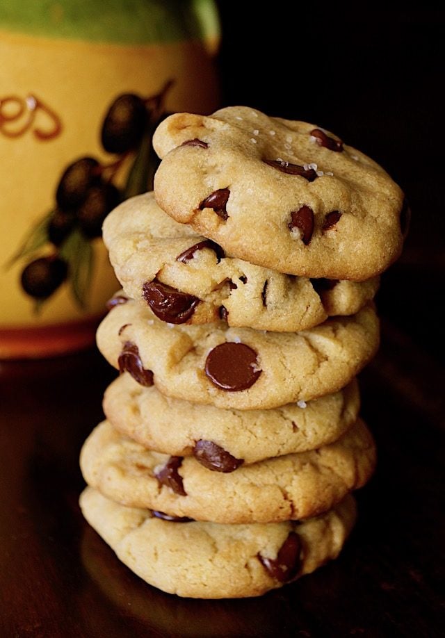 tall stack of olive oil chocolate chip cookies