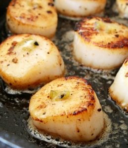 several Seared scallops in cast iron skillet with butter
