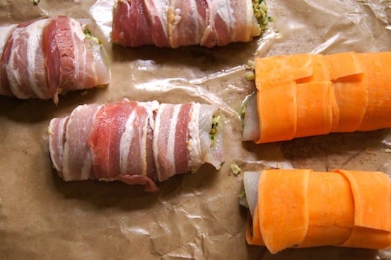 Sole wrapped in bacon and in sweet potato, on brown butcher's paper.