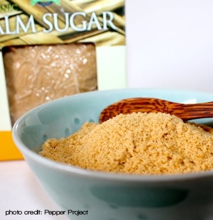 Organic Palm Sugar in light blue bowl