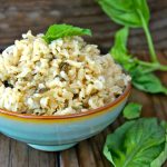 Roasted Garlic-Basil Brown Rice in mint green ceramic bowl