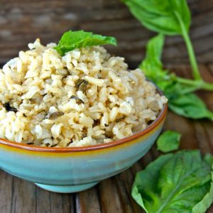 Roasted Garlic-Basil Brown Rice in mint green ceramic bowl