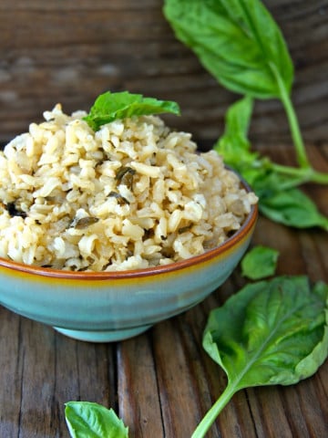 Roasted Garlic-Basil Brown Rice in mint green ceramic bowl
