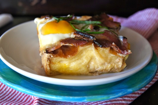 side view of Buttermilk French Toast Bake on a white plate