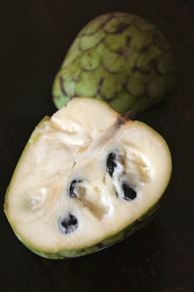 large Cherimoya sliced in half