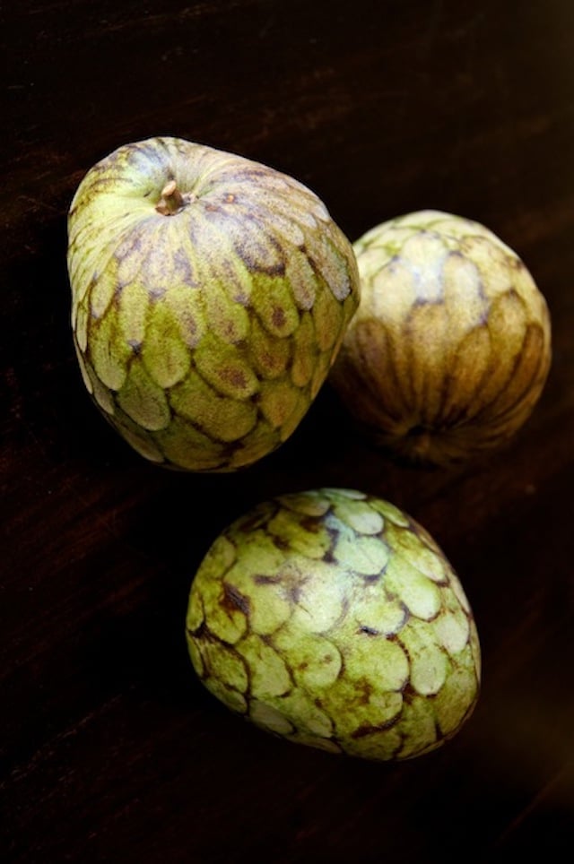 three green cherimoyas with black background