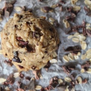 top view of small stack of cookies with cacao nibs and oats