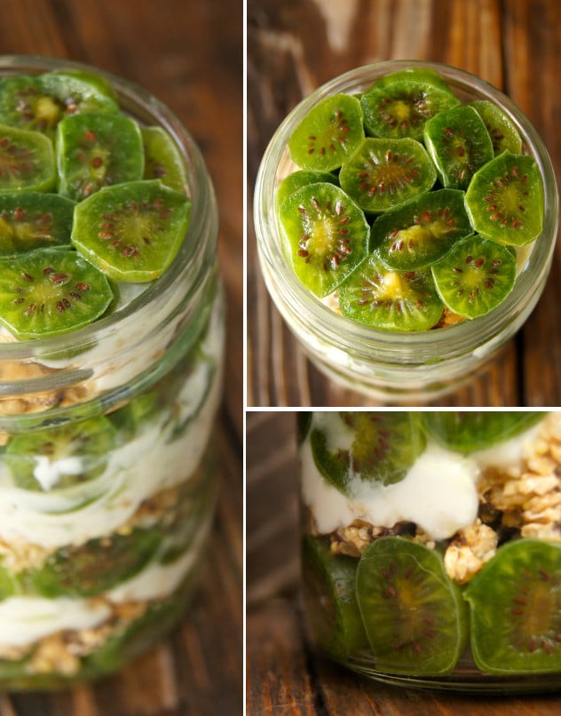 Three images of Baby Kiwi Parfait in jars.