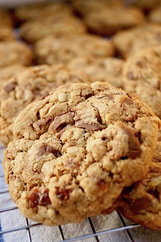 close up of an oatmeal raisin chocolate chip cookie on a cooling rack