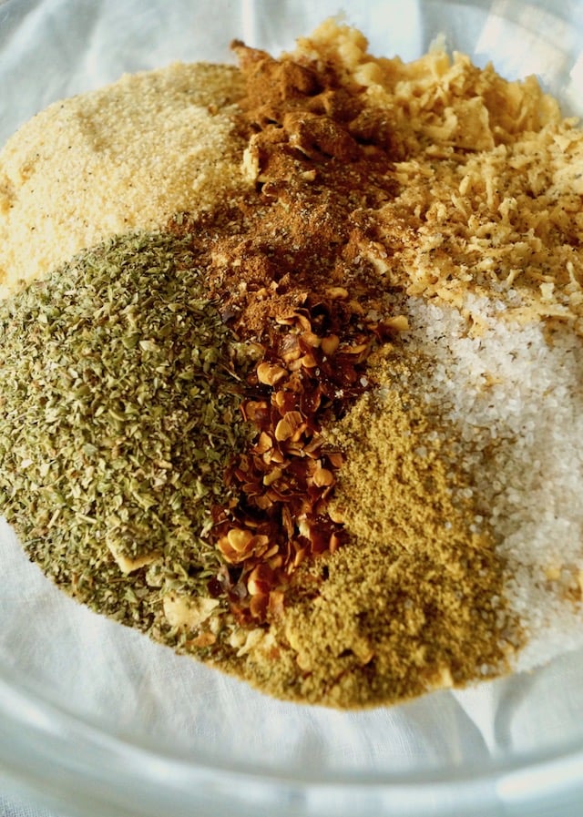 Bowl of various spices and tortilla chips