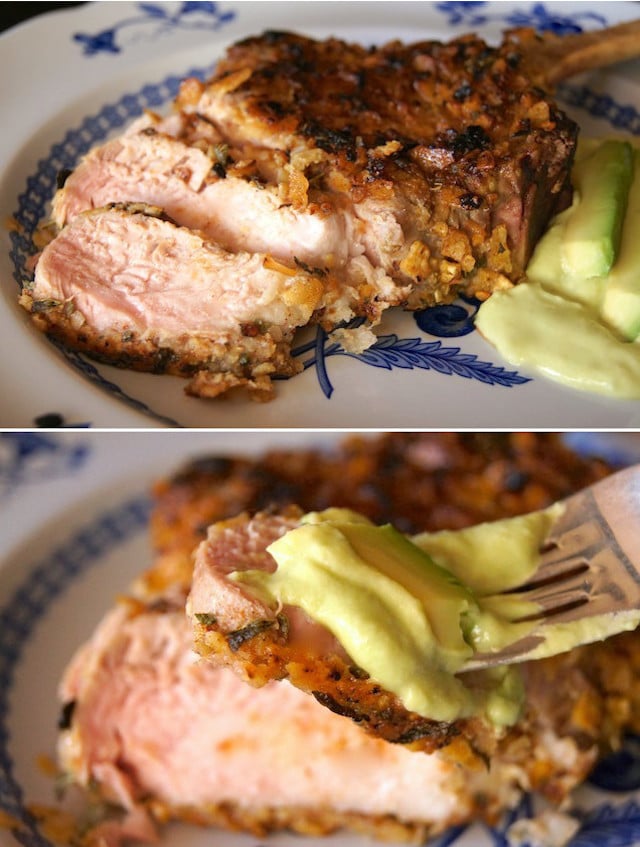 2 images - one of sliced tortilla chip cursted pork chop, and one with a bite of the pork on a fork with avocado sauce.