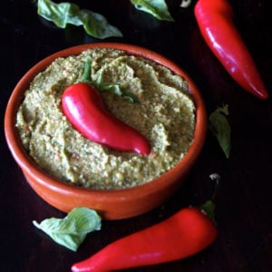 Pepper pesto in terra cotta bowl