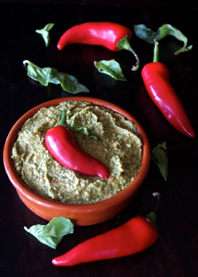 Fresno Pepper Pesto in a terra cotta bowl.