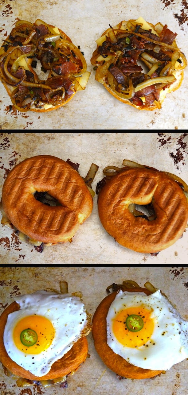 Three process images for making Breakfast Grilled Cheese Bagels. 