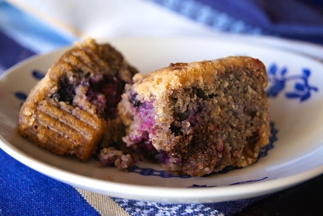 One gluten-free Blue Corn Blueberry Chocolate Muffin broken in half on a pretty white plate with blue flowers on it.