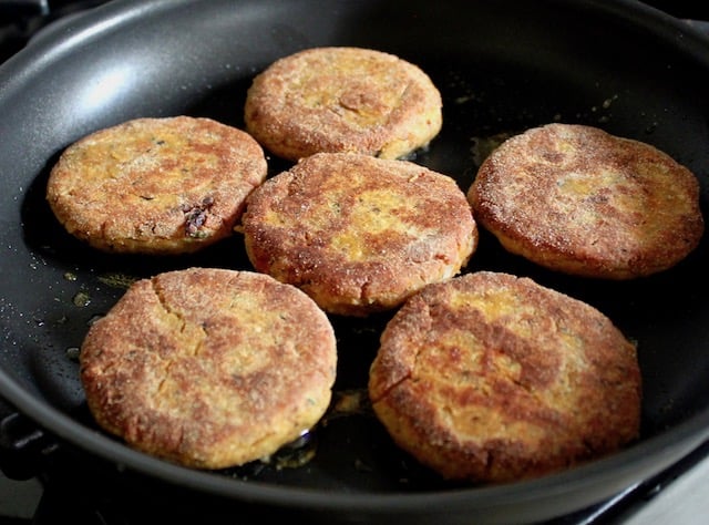 cooked veggie burgers in skillet