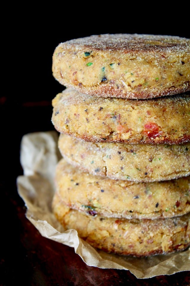 tall stack of yellow split pea burgers