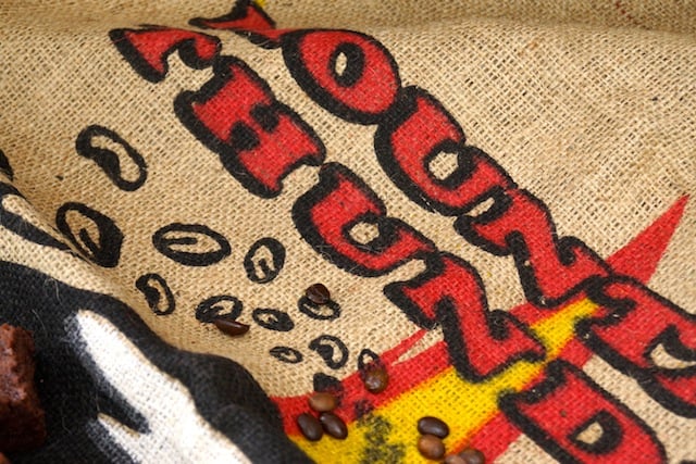 Burlap Kona coffee bag.