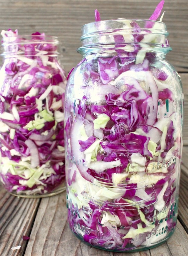 shredded red and green cabbage in two large jars