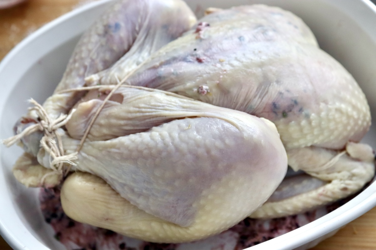 Blackberry-Chicken-Recipe-with-Blackberry-Butter) Whole, trussed chicken in a white roasting pan on top of blackberry butter.
