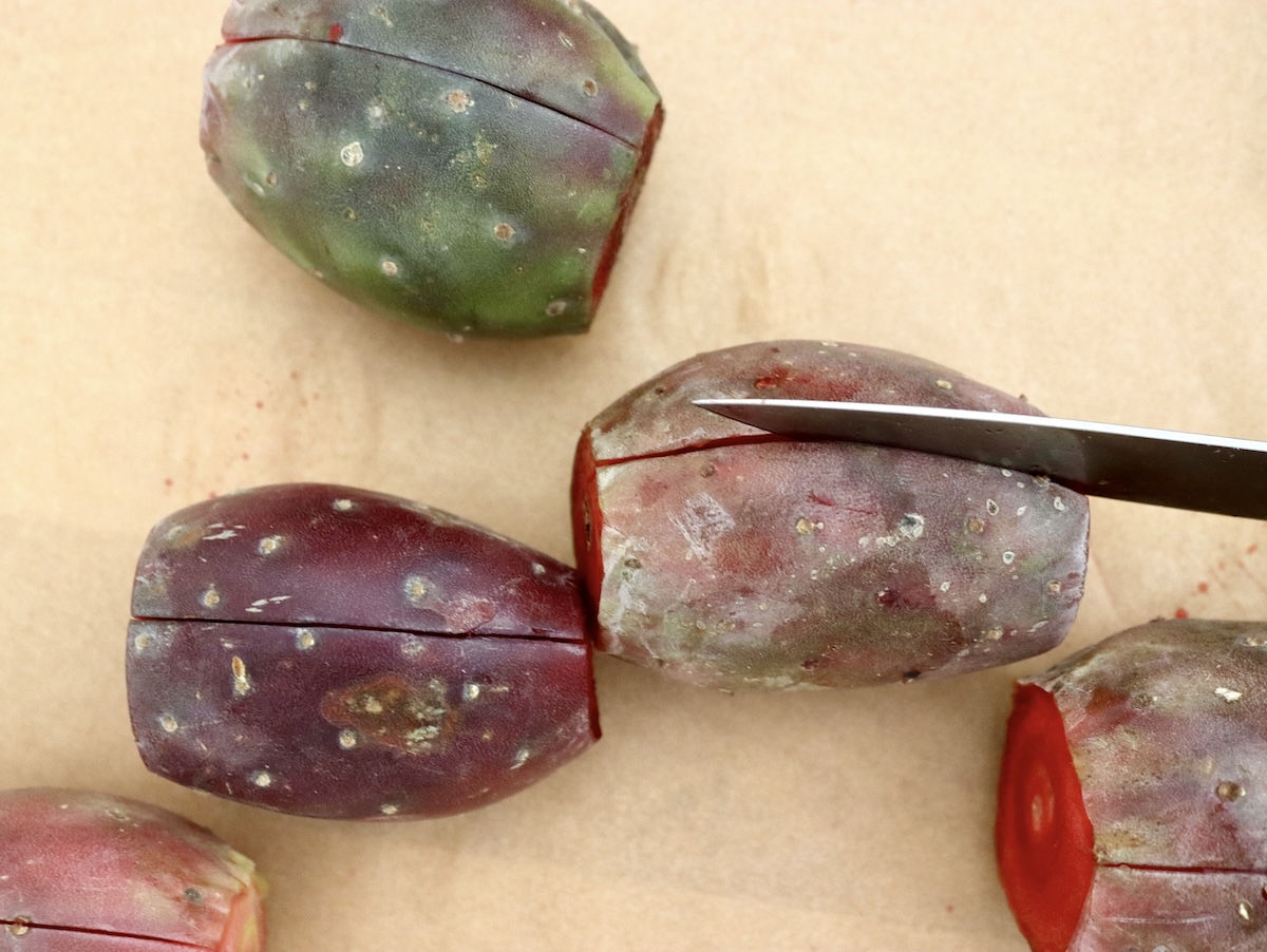 Prickly Pear fruit with the ends cut off and a paring knife slicing through it skin only, in a vertical line.