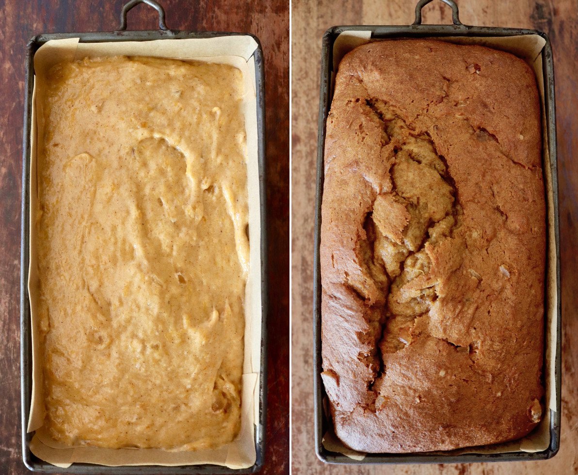 Side by side pictures of one loaf pan with batter for butternut squash bread and another loaf pan after it's baked.
