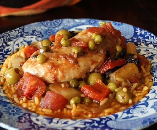 Cuban-Style Chicken Stew in blue and white bowl