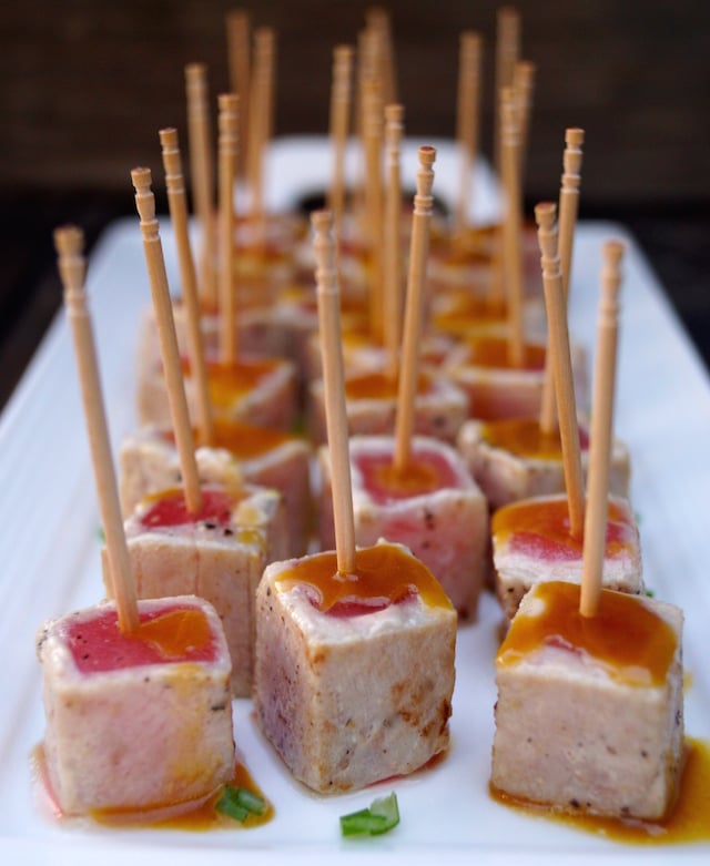 Wasabi Glazed Seared Ahi Tuna Appetizer Recipe with toothpicks on a white platter