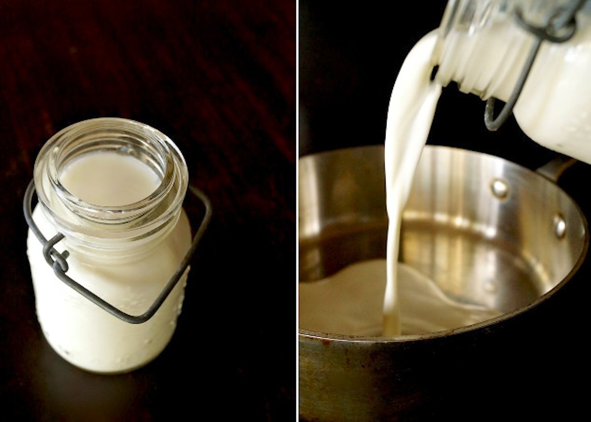 Lemon-Hot-Milk-Cake-Recipe Two images: small old-fashioned jar of milk and small sauce pan with milk being poured into it.
