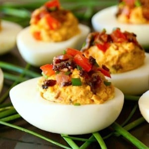 Smoky Tomato-Bacon-Chipotle Deviled Eggs-chives-green-white-hard boiled eggs.1 | cookingontheweekends.com