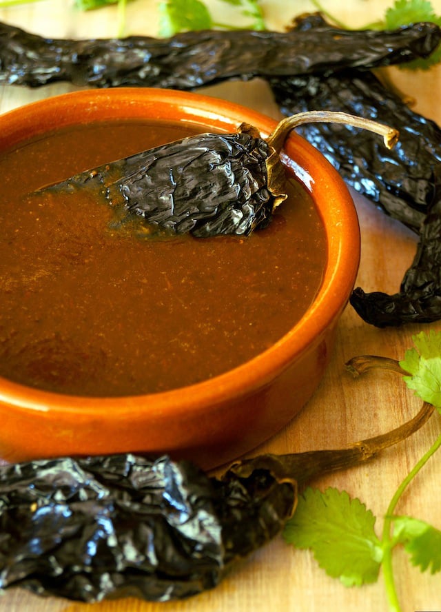 Smoky Poblano Enchilada Sauce w okrągłej terra cotta bowl.