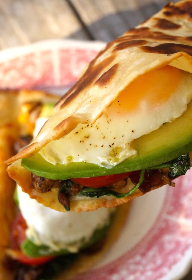 Close up of a Breakfast Taco with egg and avocado