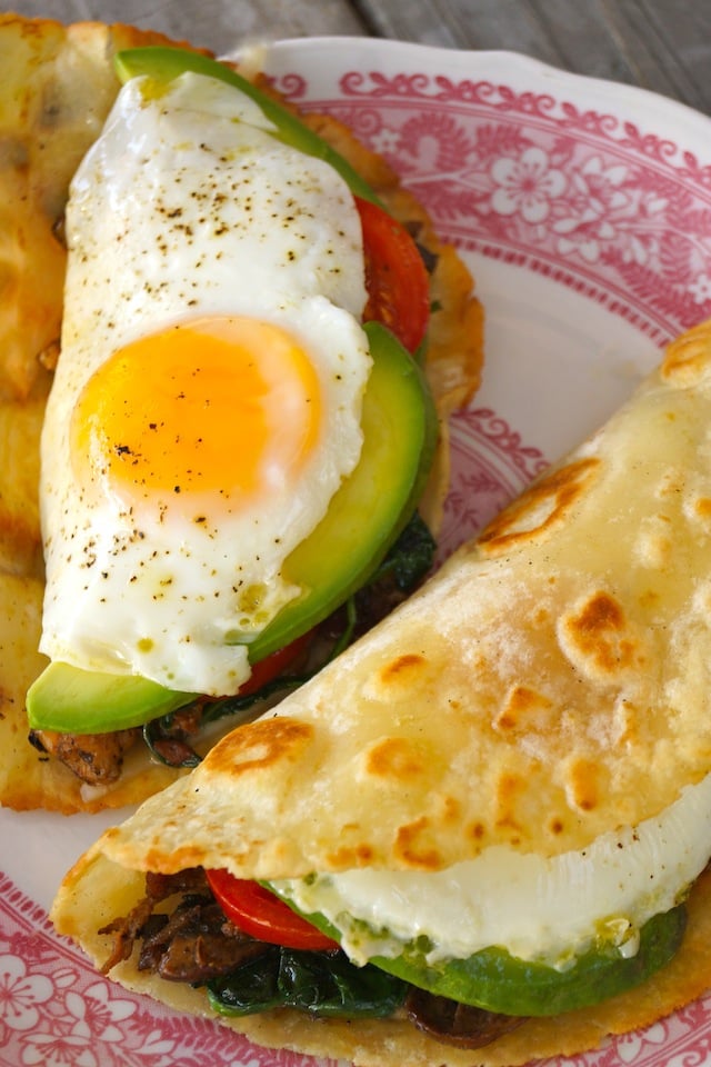 The Breakfast Taco on a white plate with red designs