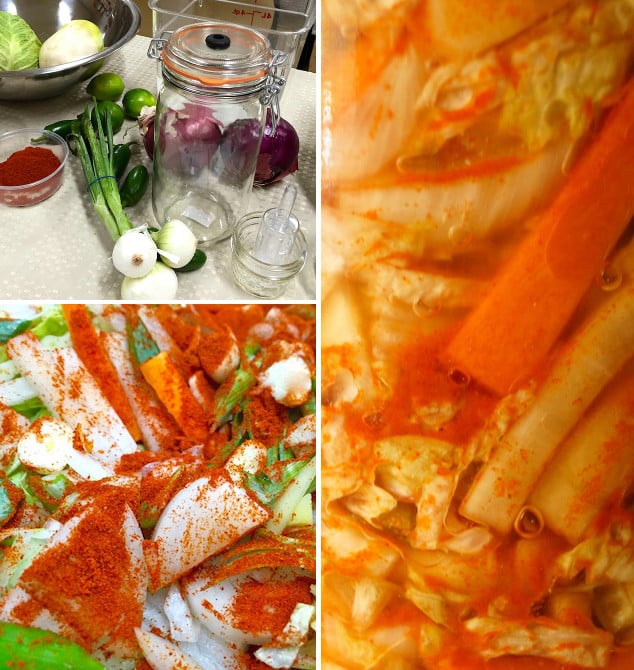 three pictures of vegetables for kimchi with spices