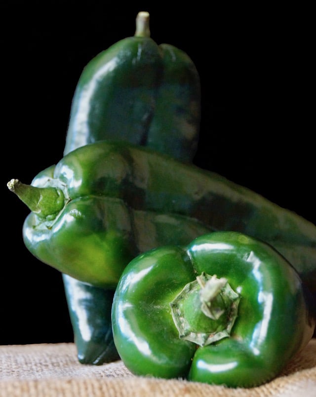 three poblano peppers with a black background