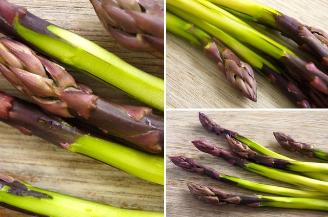 Collage of 3 photos of dark purple asparagus peeled, showing the bright green underneath. 