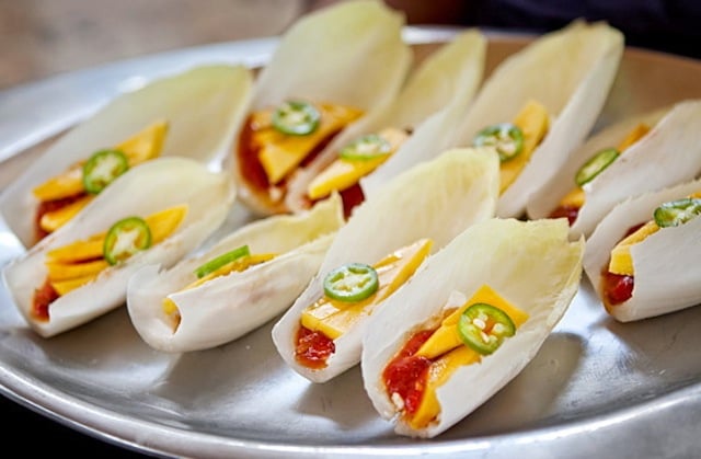 Sweet and Spicy Tomato-Mango Appetizer on a sliver platter