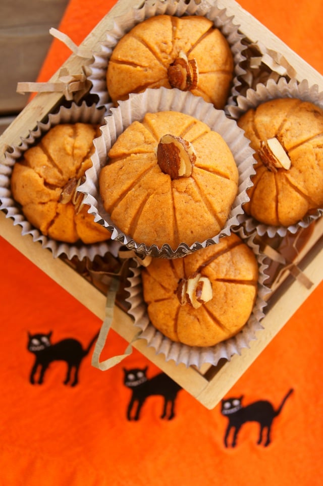 Pumpkin Almond Cookies for Halloween and Thanksgiving on orange cloth with embroidered black cats