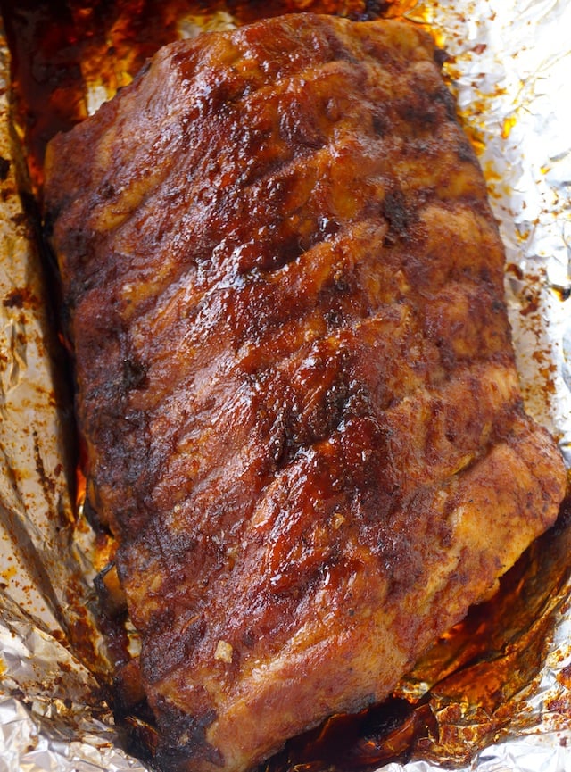 Sweet and Spicy Pork Ribs recipe on foil, not cut