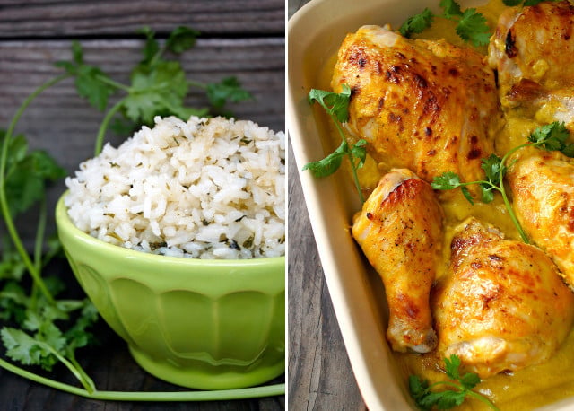 Coconut Cilantro Rice in green bowl and Mango Coconut Baked Chicken in baking dish