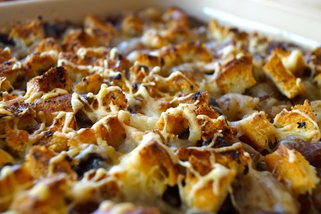 French Onion Mushroom Casserole with cubed bread browned on top