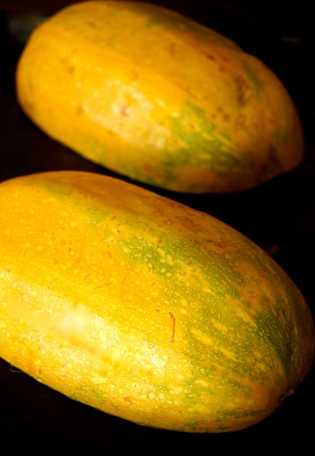 Two spaghetti squash halves, round sides up, on a baking sheet