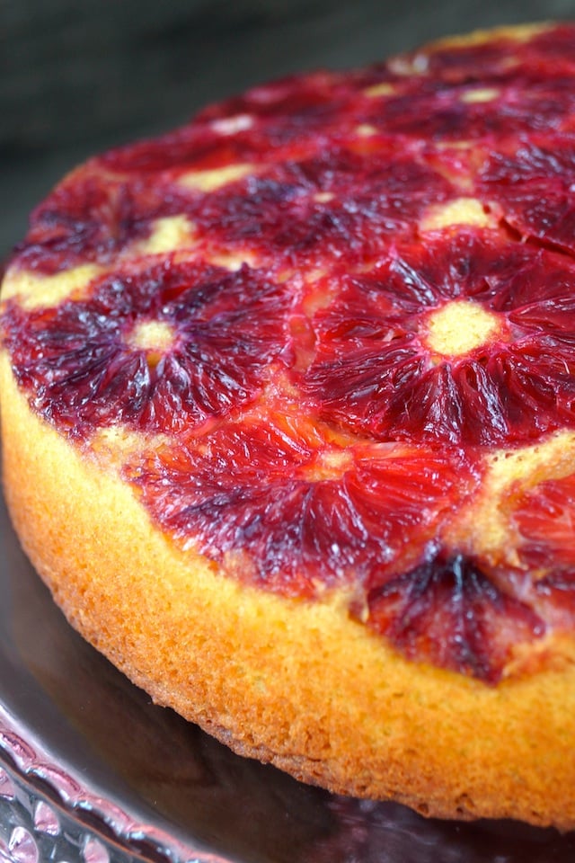 top view, close-up of Blood Orange-Turmeric Upside Down Pound Cake 